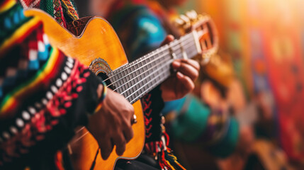 Close-Up of Mariachi Musician Playing Traditional Guitar with Vibrant Costume.