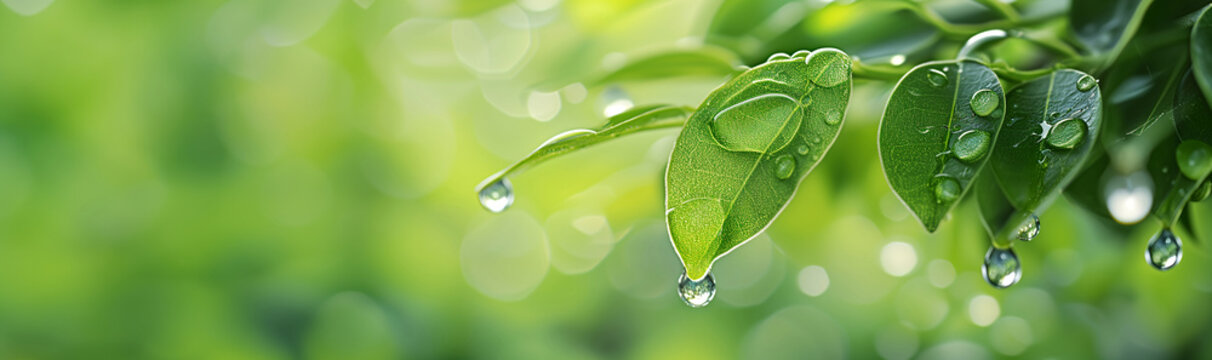 Fresh green leaves with morning dew against a green bokeh background. Nature and environmental concept. Image for organic skincare product advertisement. Wellness banner image with copy space.