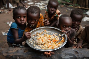 Many African children eating.