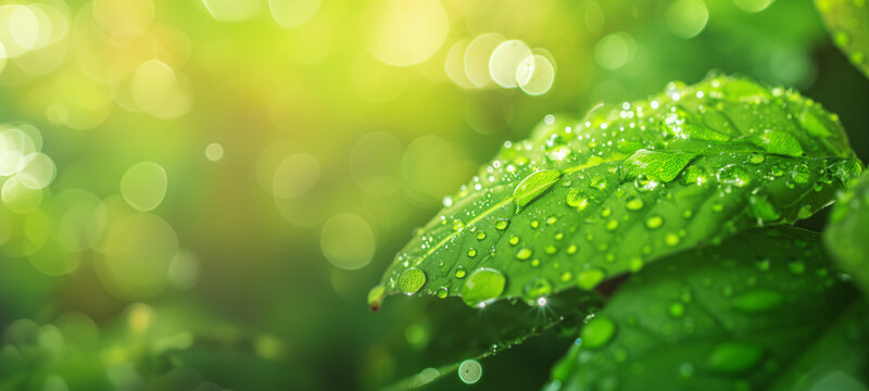 Fresh green leaf with morning dew against a green bokeh background. Nature and environmental concept. Image for organic skincare product advertisement. Wellness website's banner image with copy space.