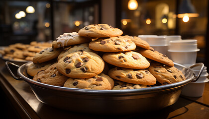 Freshly baked chocolate chip cookies on a rustic wooden table generated by AI - 736562605