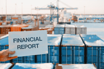 Banner Poster Paper With The Phrase Financial Report With A Logistics Terminal In The Background