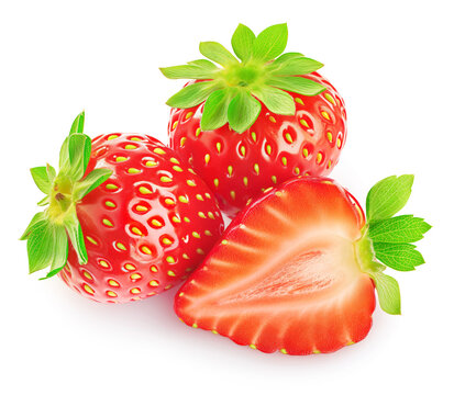 Two strawberries and a half isolated on white background. Generative AI