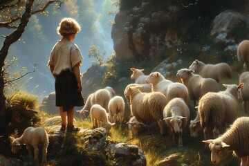 Young David shepherds sheep, Bible story. - obrazy, fototapety, plakaty