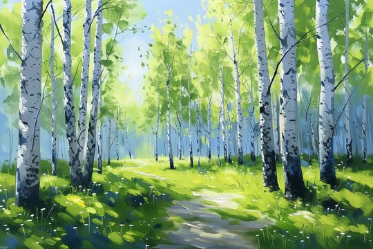 Forest landscape of birch trees in spring, painting.