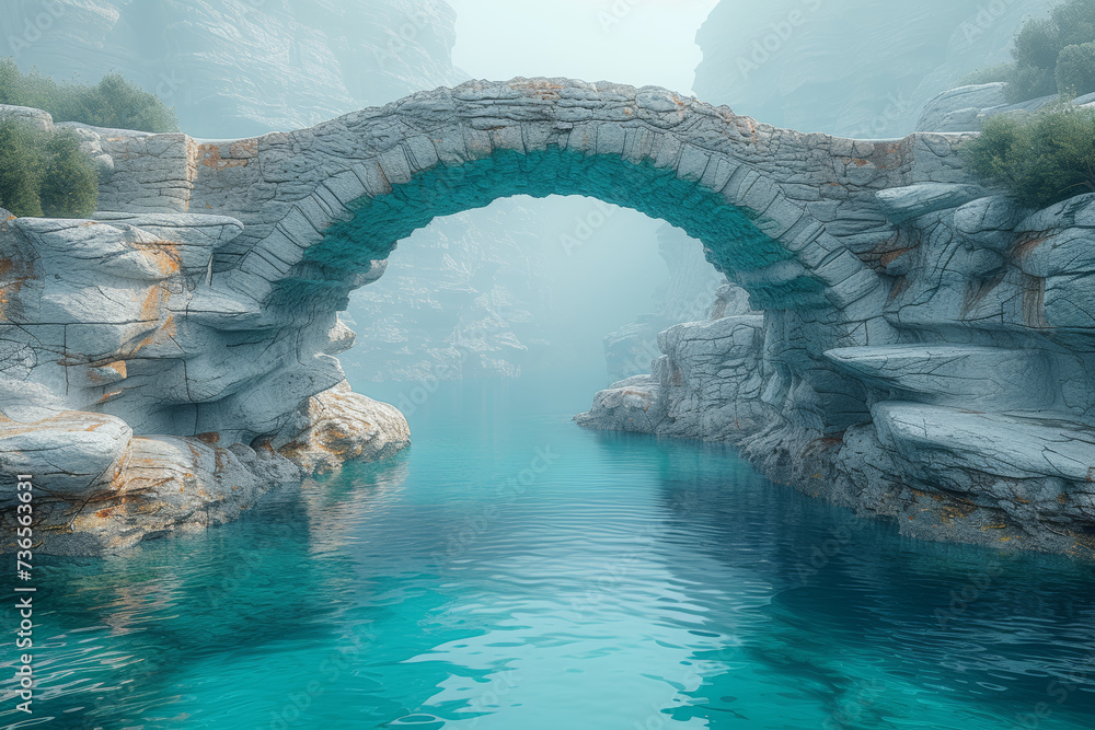 Poster a metaphorical bridge connecting two distant islands, embodying the transformative power of ideas in