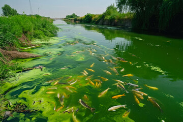 river polluted by industrial waste. The water is green and slimy, and there are dead fish floating on the surface