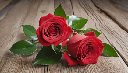 Scarlet roses on rustic wooden surface.
