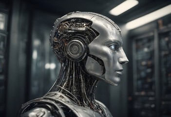 A realistic humanoid robot with exposed mechanical parts in the head and neck, against a background of a dark, high-tech laboratory environment