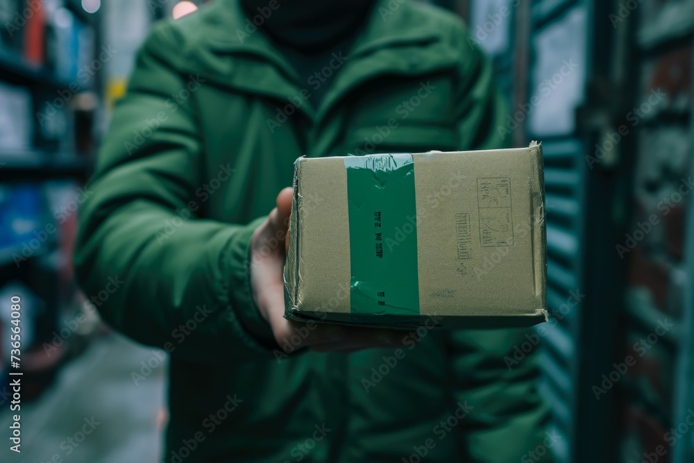 Poster sender with a green color and a label shape and a box overlay on the hand