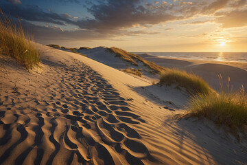 Sunset on the Baltic Sea. Sand dunes and waves. Generative AI