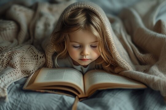 Child Reading Book Under The Blanket.