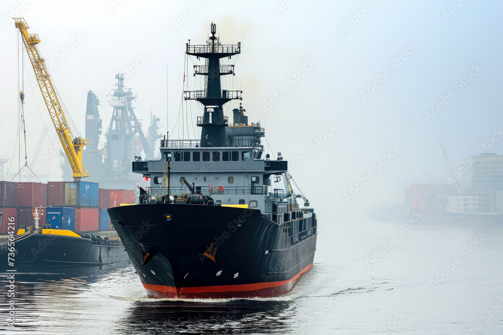 Poster ship with a black color and a vessel shape and a container overlay on the deck