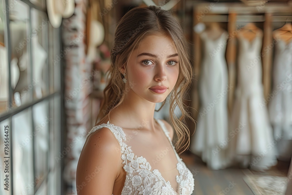 Wall mural portrait of bride trying on wedding dress.