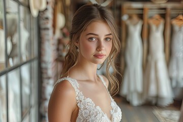 Fototapeta premium Portrait of bride trying on wedding dress.