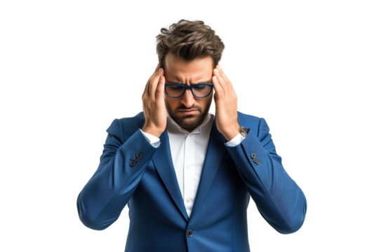 Stressed Young Businessman in Blue Suit with Headache Isolated on Transparent Background