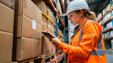 Female manager using tablet at warehouse, worker loading delivery truck with cardboard boxes