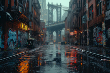 A dark and moody urban alley with intriguing graffiti on the sides, leaving an empty center for text. Concept of gritty city art. Generative Ai.