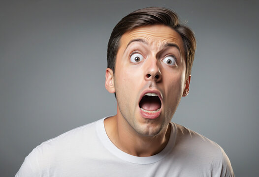 Surprised and scared man in shock, isolated PNG cutout on transparent background