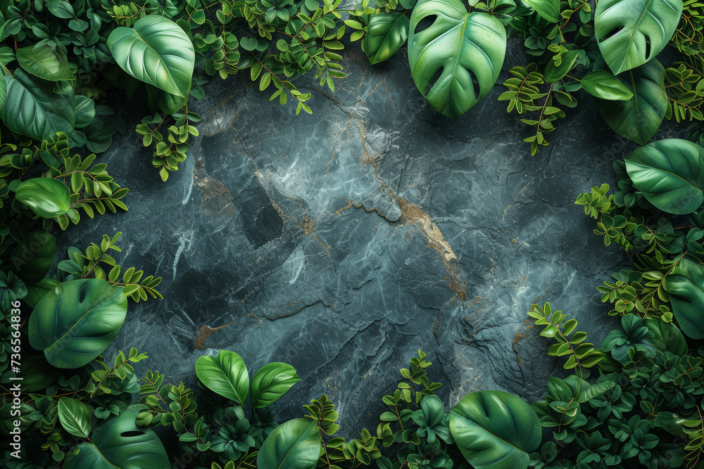 Poster top view of a textured marble surface surrounded by lush greenery, providing an elegant and sophisti