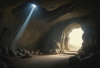 Entrance to the cave with light from the sun - obrazy, fototapety, plakaty