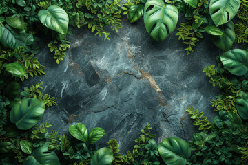 Top view of a textured marble surface surrounded by lush greenery, providing an elegant and...
