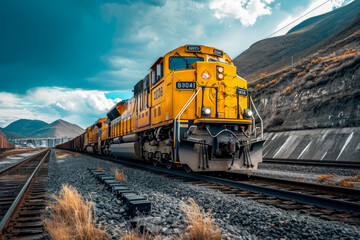 train with a yellow color and a locomotive shape and a freight overlay on the front - obrazy, fototapety, plakaty