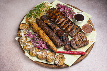 Lyulya kebab in a restaurant or pub. Close-ups