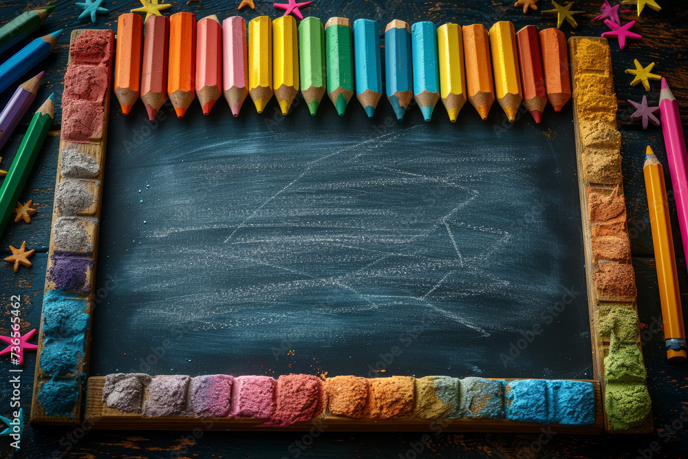 Poster top view of a blackboard with chalk doodles on the sides and an empty center for text. concept of cr