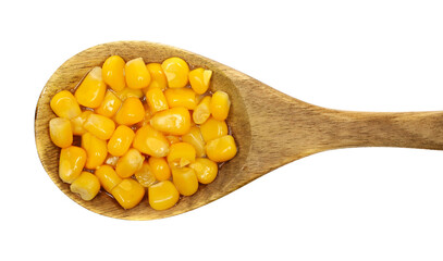 Yellow cooked corn in wooden spoon isolated on white background
