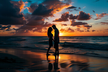 silhouettes of lovers at sunset
