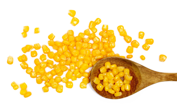 Yellow cooked corn in wooden spoon isolated on white background
