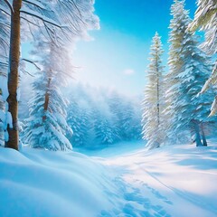 Snow Forest Mountain Tree Landscape Winter snowfall. A serene winter landscape with a snow covered forest and mountain range, gleaming peaks, snow laden slopes