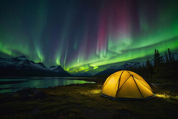 Aurora borealis, northern lights above camping tent in the snowy mountains. Generative AI