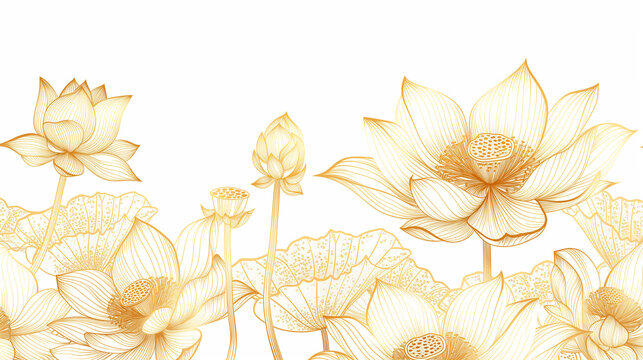 Luxury drawn lotus flowers background, vector. Elegant gradient gold lotus flowers line art, leaves on white background