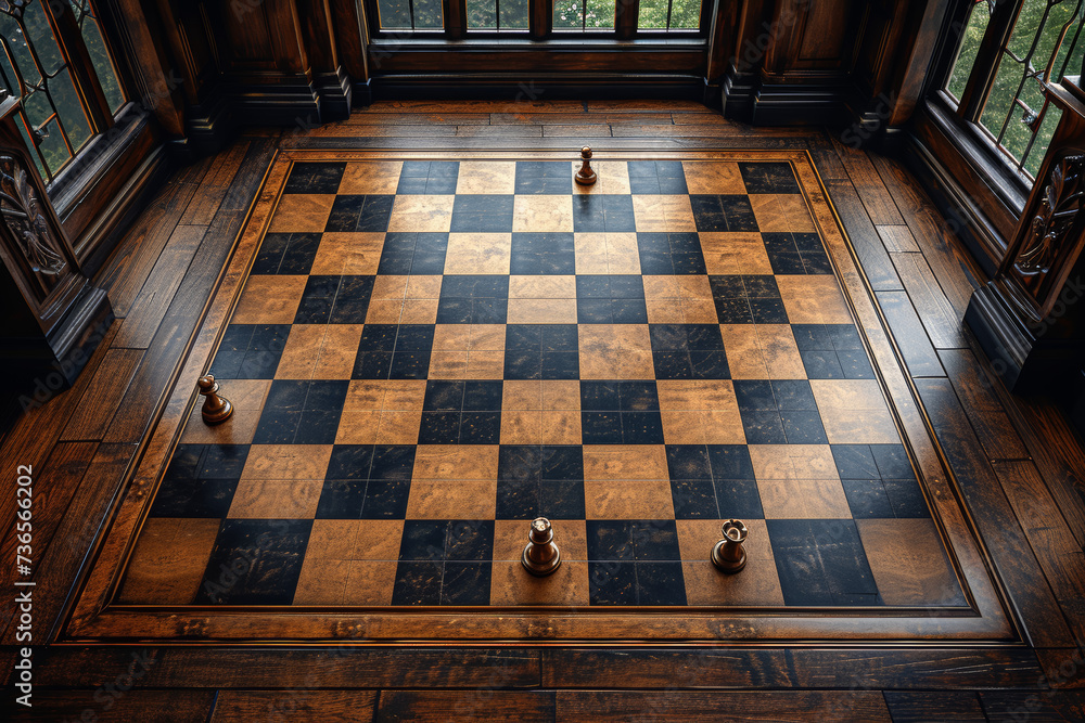 Poster an overhead view of a chessboard with pieces arranged on the sides, leaving an open center for text.