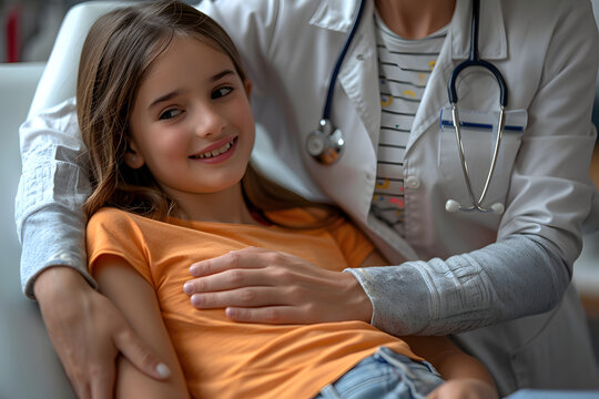 Close up of doctor palpating girl's abdomen, touching with hands and steady pressure on belly. Concept of preventive health care for children