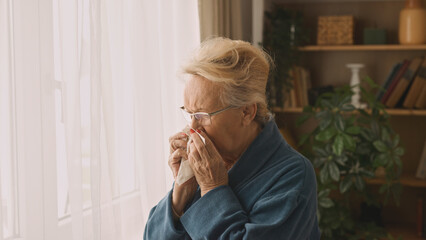 Senior woman blowing her nose indoors - obrazy, fototapety, plakaty