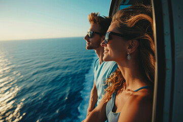 young couple on a plane flying over the ocean, wearing sunglasses and holding hands