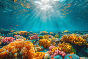 Naklejka premium A series of shots capturing the vibrant colors of a coral reef and diverse marine life during a snorkeling expedition, showcasing wonders of underwater exploration. Generative Ai.