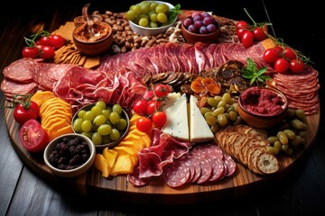 Vibrant Appetizers platter. Snack salami dinner. Generate Ai