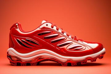 baseball shoe with a red color and a shoe shape and a sport overlay on the foot