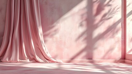Elegant pink Curtains in a Room with Sunlight Shadows on the Wall. Background for Product Presentation
