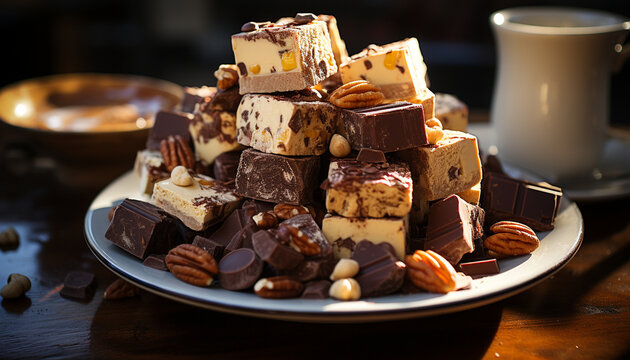 Indulgence on a plate  gourmet dessert, dark chocolate, homemade fudge generated by AI