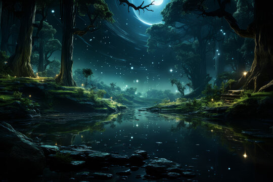 An image of a tranquil forest bathed in the soft glow of ethereal moonlight, with luminescent fireflies dancing around, evoking a sense of enchantment.  Generative Ai.