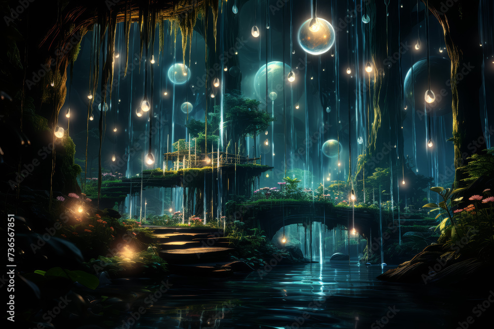 Poster an image of a mystical waterfall surrounded by floating, glowing orbs, creating an atmosphere of enc
