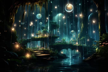 Tuinposter An image of a mystical waterfall surrounded by floating, glowing orbs, creating an atmosphere of enchantment and magic in the heart of nature. Concept of cascading luminescence. Generative Ai. © Sebastian
