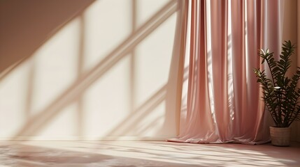Elegant rose gold Curtains in a Room with Sunlight Shadows on the Wall. Background for Product Presentation
