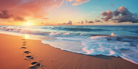 A beach with footprint and wave of the sea. - obrazy, fototapety, plakaty