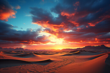 Naklejka premium A dream-like desert at sunset, with sand dunes resembling giant pillows, and the sky ablaze with the colors of a fantastical, otherworldly sunset. Concept of whimsical desert sunset. Generative Ai.